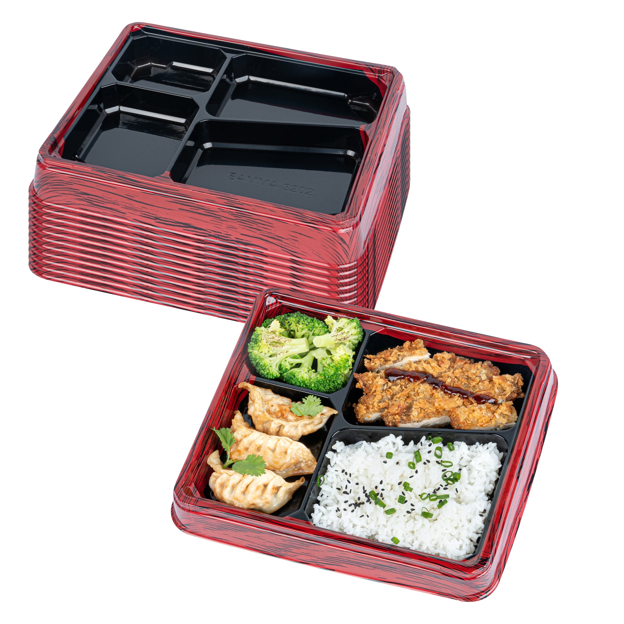 Bento Tek 19 oz Rectangle Red and Black Plastic Bento Box - 4 Compartments - 9 1/4" x 7 3/4" x 1 1/4" - 100 count box