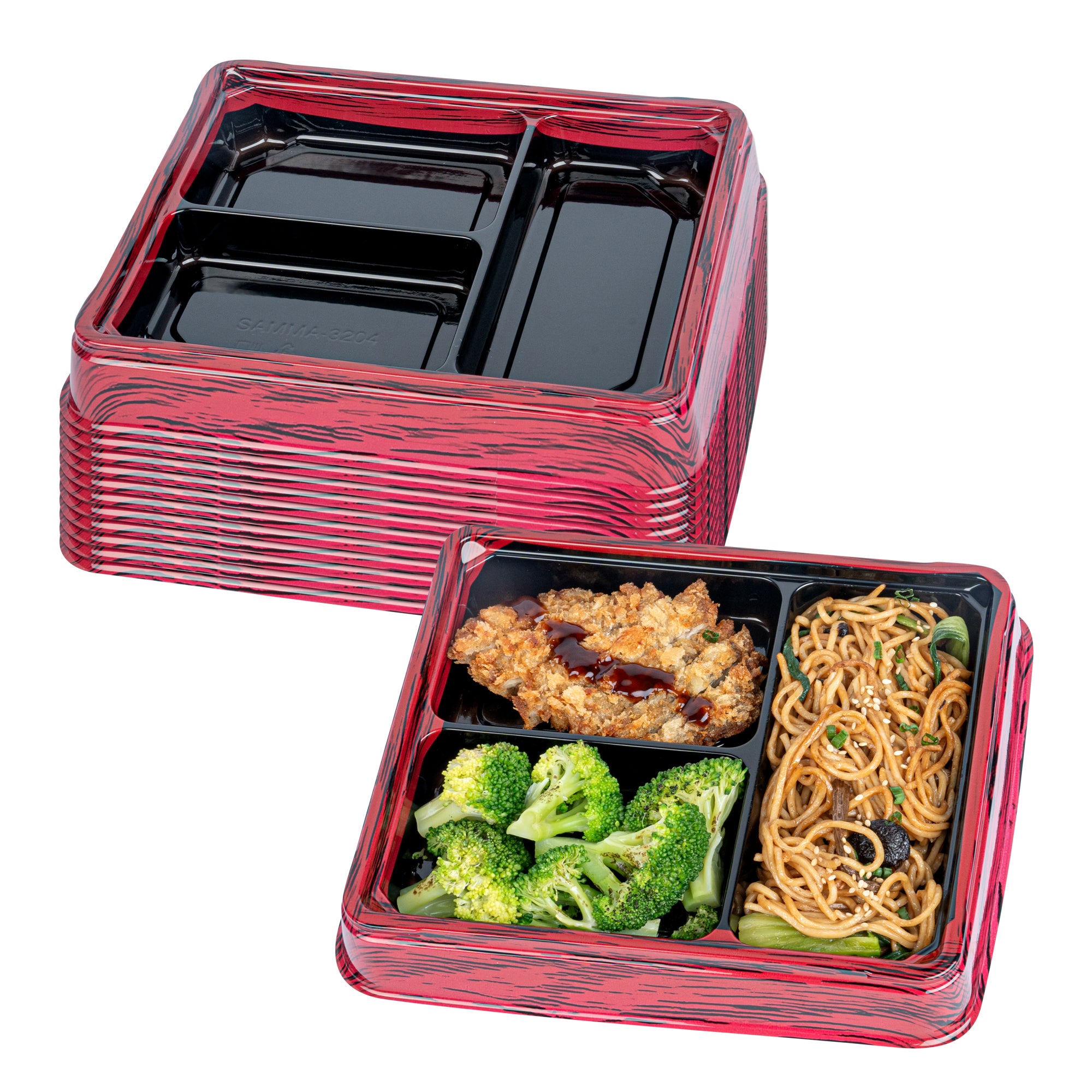 Bento Tek 16 oz Rectangle Red and Black Plastic Bento Box - 3 Compartments - 8 3/4" x 7 1/2" x 1 1/4" - 100 count box