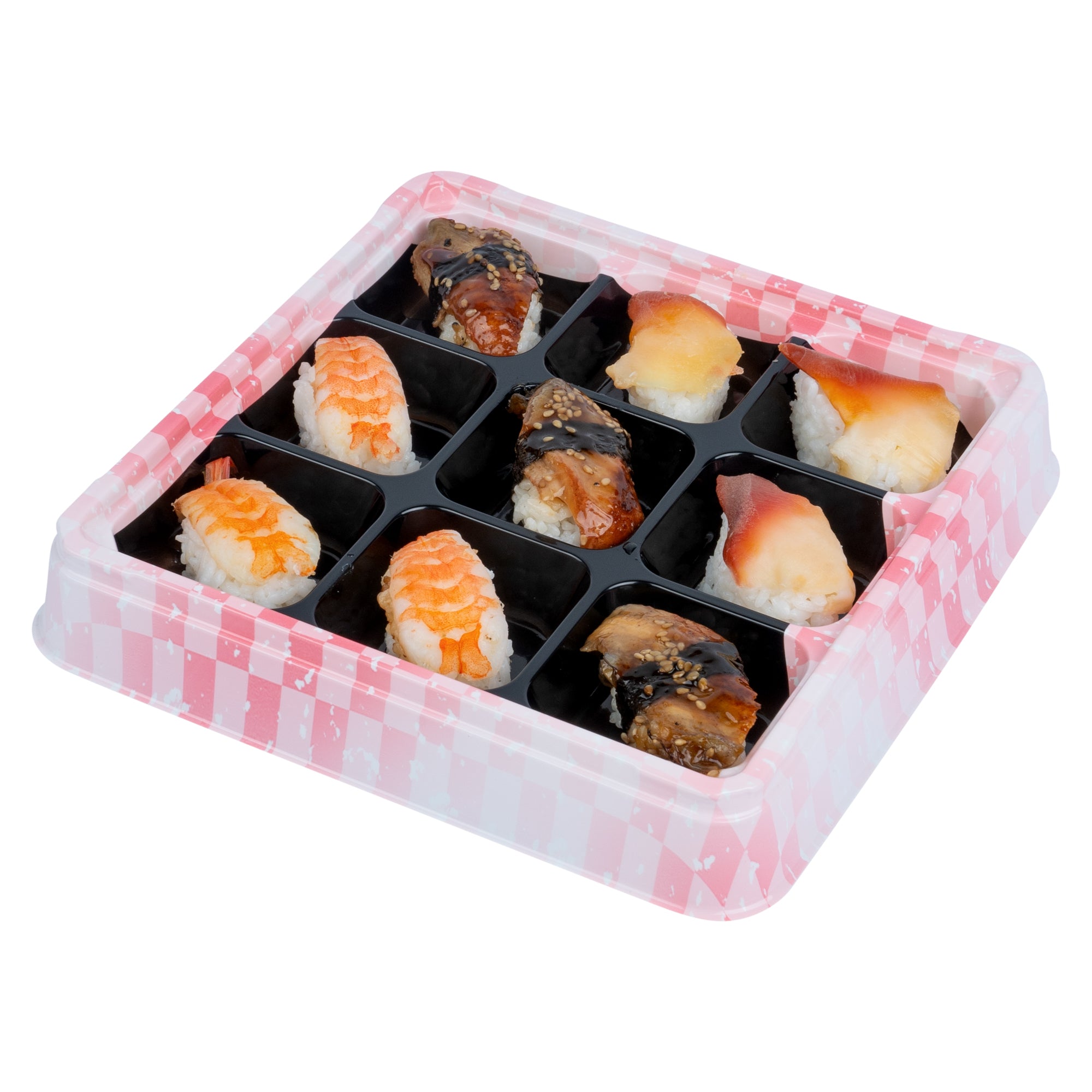 Bento Tek 17 oz Square Pink and Black Plastic Bento Box - 9 Compartments - 8 1/2" x 8 1/2" x 1 1/4" - 100 count box