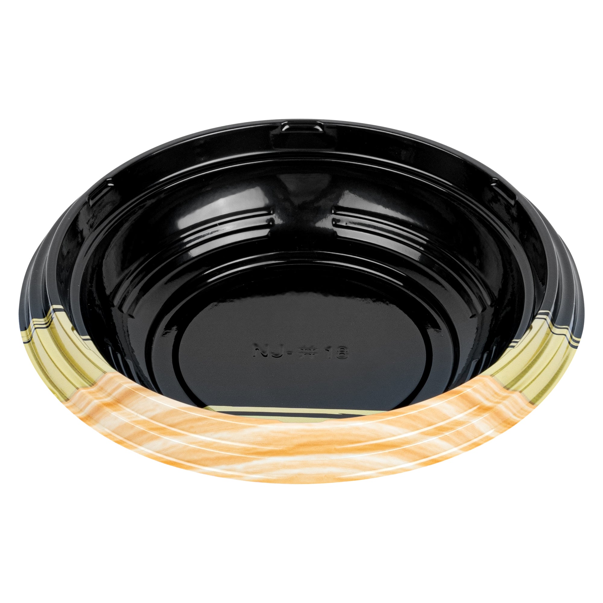 Bento Tek 14 oz Round Black and Gold Plastic Asian Style Bowl - 7" x 7" x 1 1/2" - 400 count box