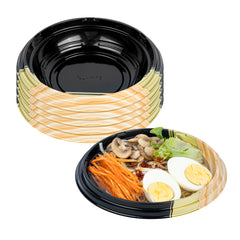 Bento Tek 14 oz Round Black and Gold Plastic Asian Style Bowl - 7