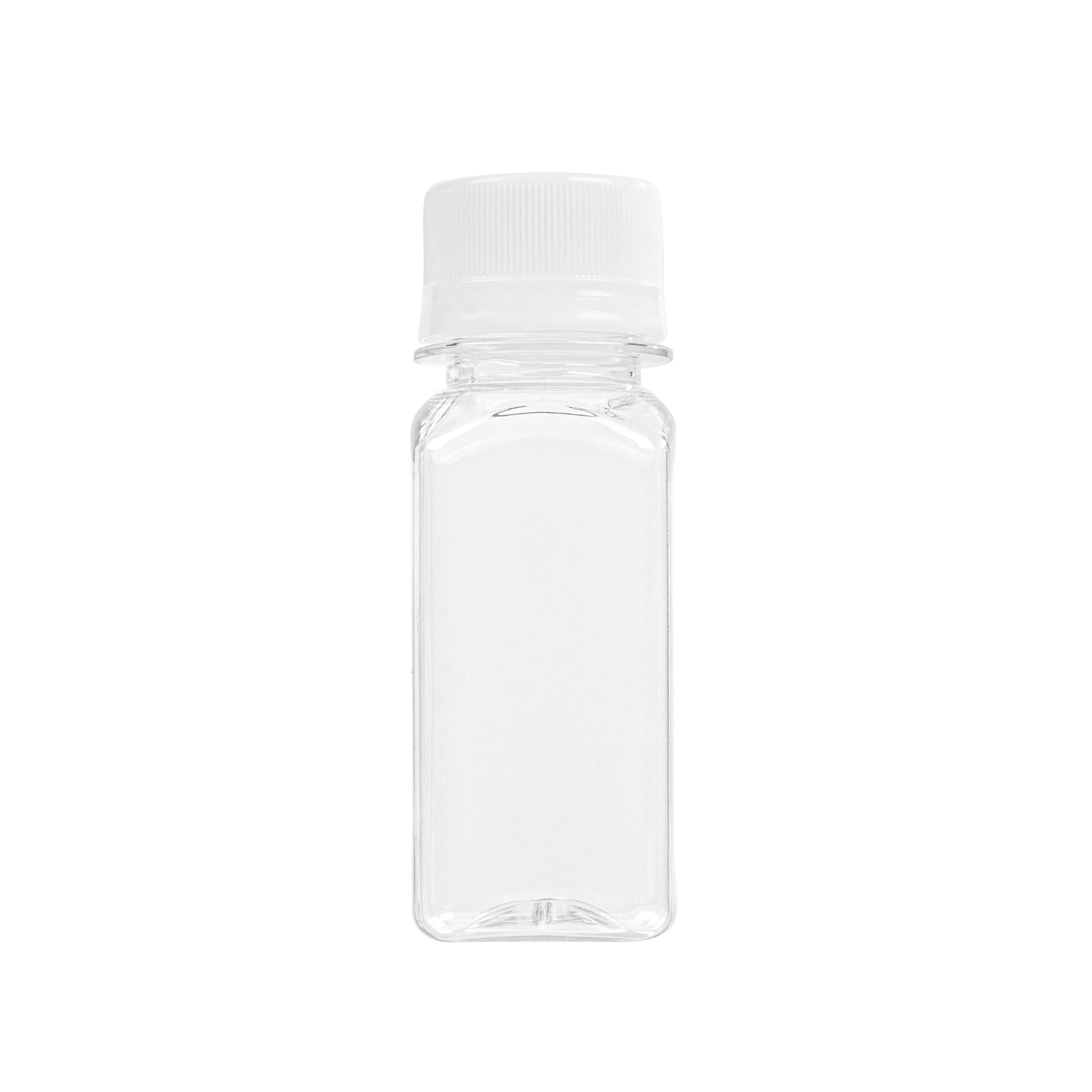 Bottle Tek 2 oz Clear Plastic Energy Shot Bottle - with Safety Cap, Straight Sided - 1 1/4" x 1 1/4" x 3 3/4" - 100 count box