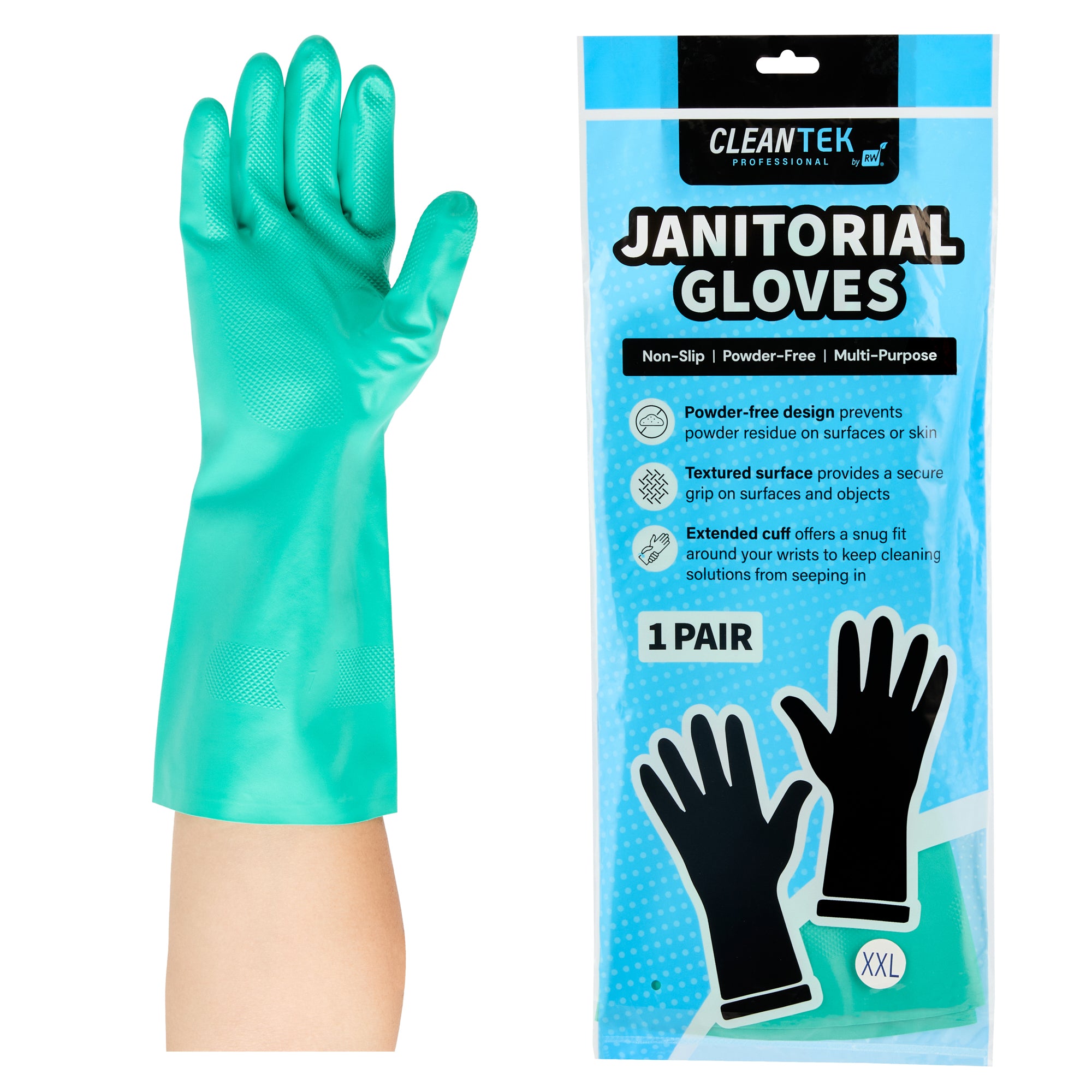 Clean Tek Professional Green XXL Nitrile Gloves - 15 mil, Flock Lining, Chemical-Resistant - 13" x 5" - 10 pairs