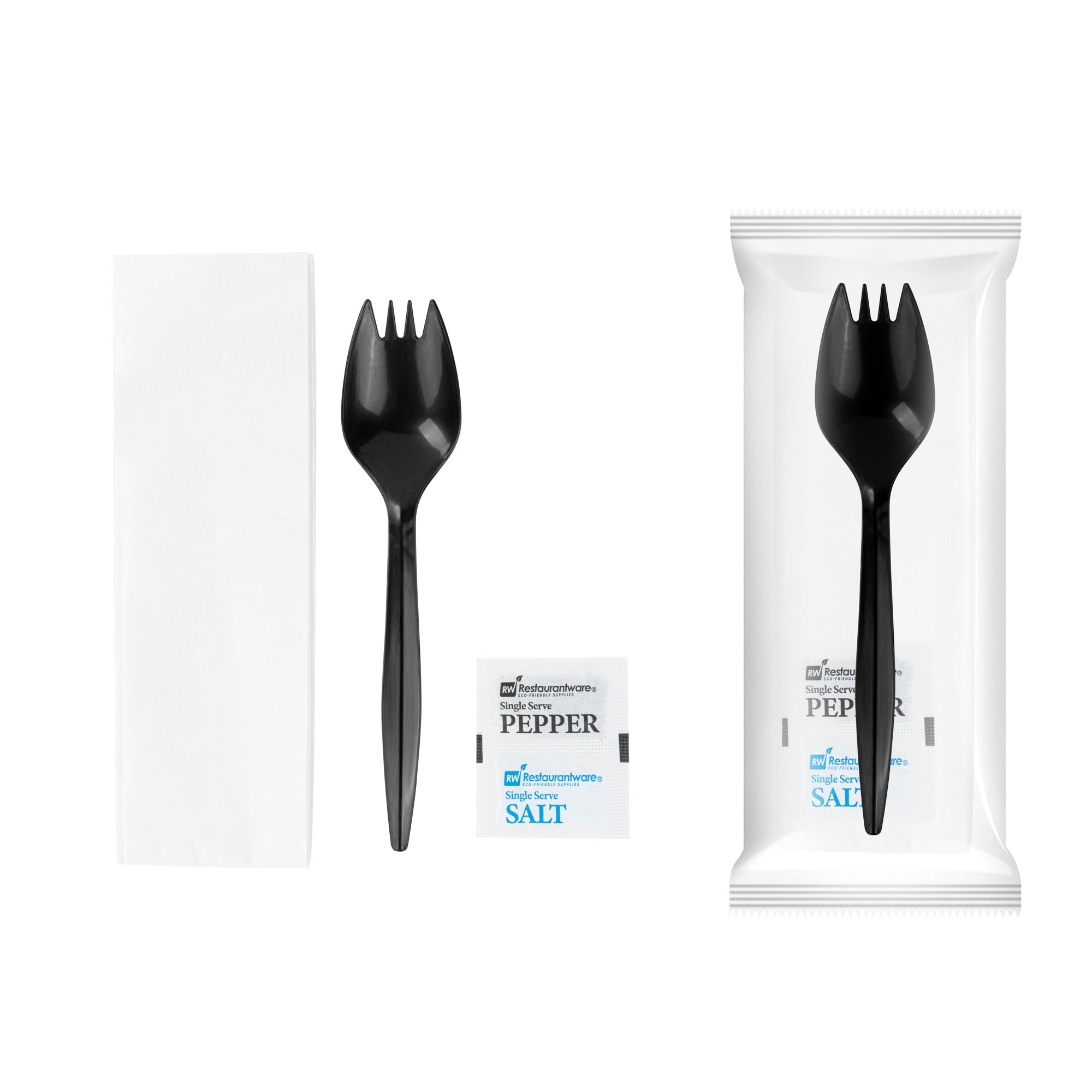 RW Base Black Plastic Spork - with Napkin and Salt / Pepper Packets, Medium Weight, Wrapped - 5 1/4" - 500 count box