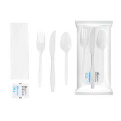 RW Base White Plastic Cutlery Set - with Napkin and Salt / Pepper Packets, Medium Weight, Wrapped - 6 1/2