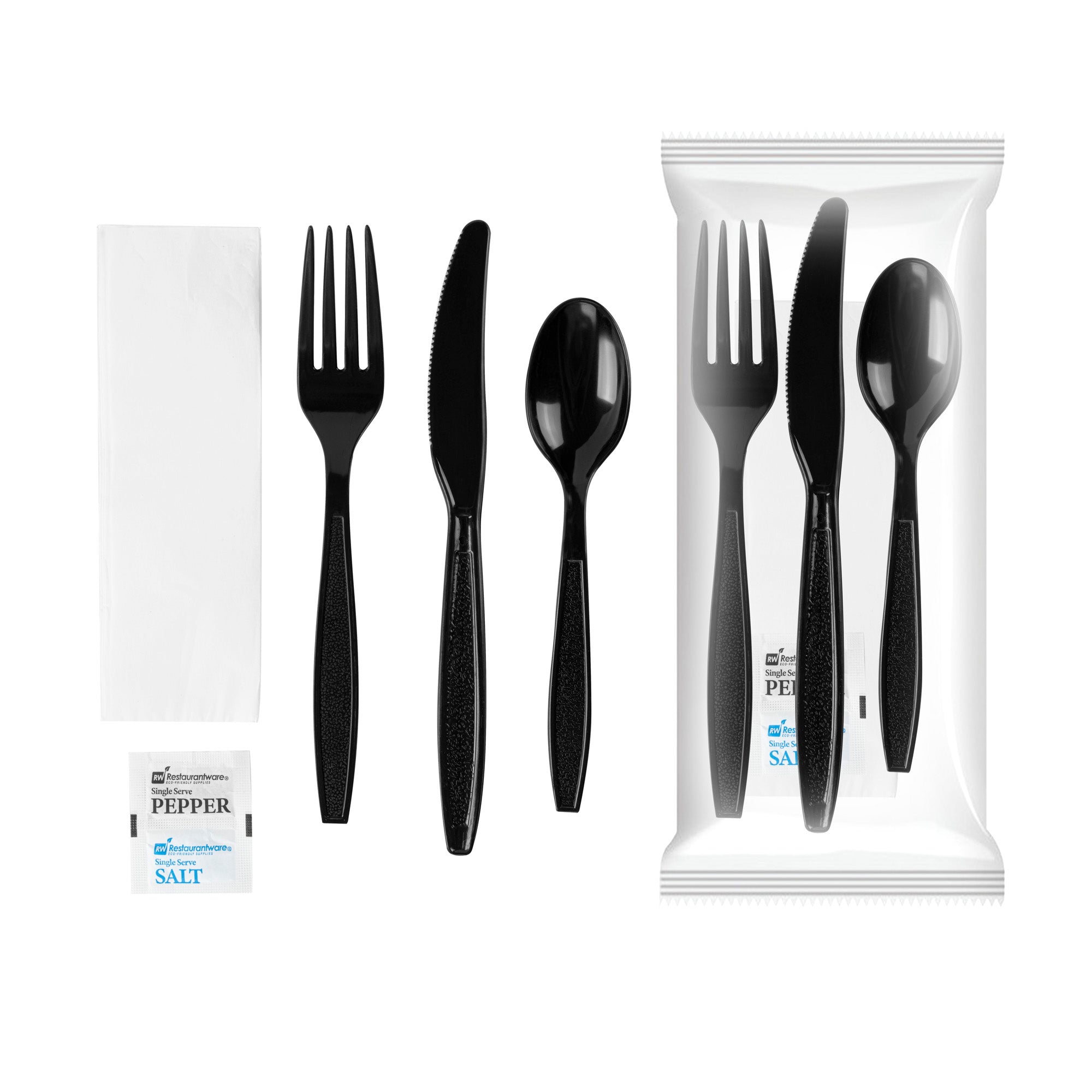 RW Base Black Plastic Cutlery Set - with Napkin and Salt / Pepper Packets, Extra Heavy Weight, Wrapped - 7 1/2" - 500 count box