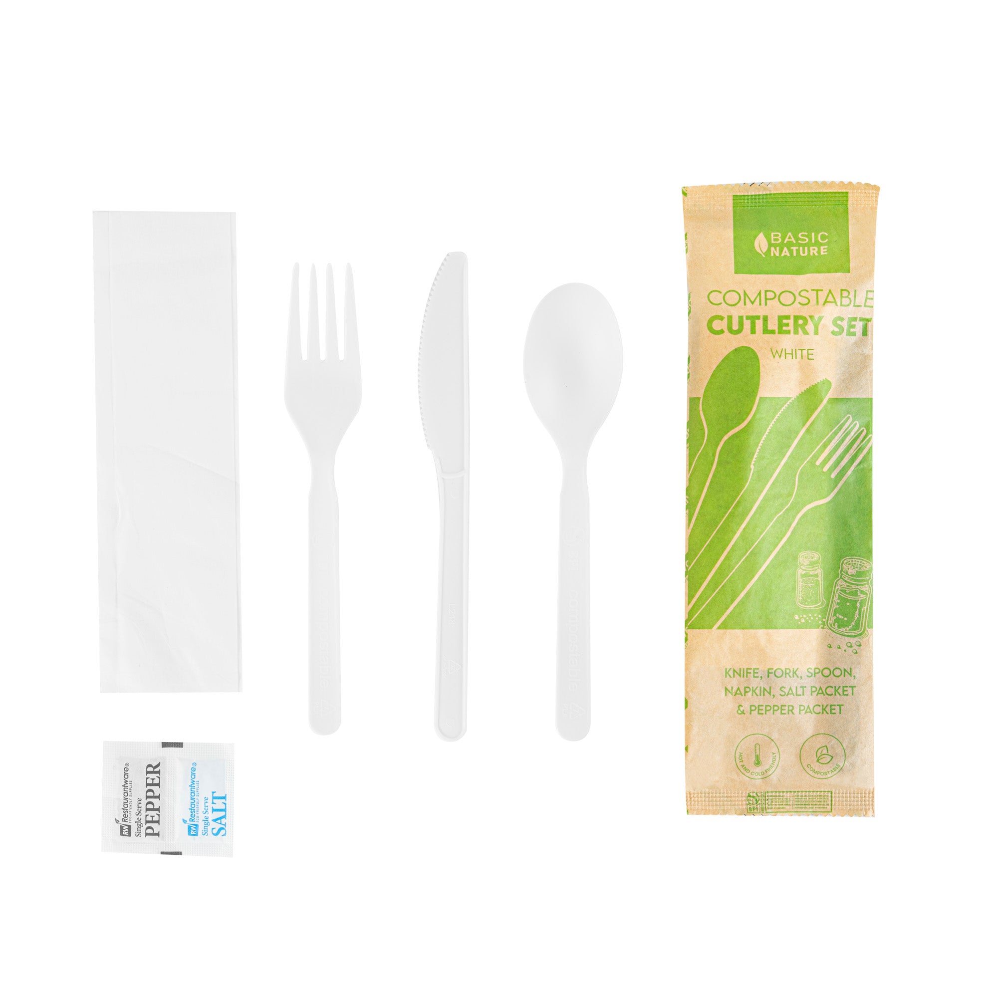 Basic Nature White PLA Plastic Cutlery Set - with Napkin and Salt / Pepper Packets, Wrapped, Compostable - 6 1/4" - 500 count box