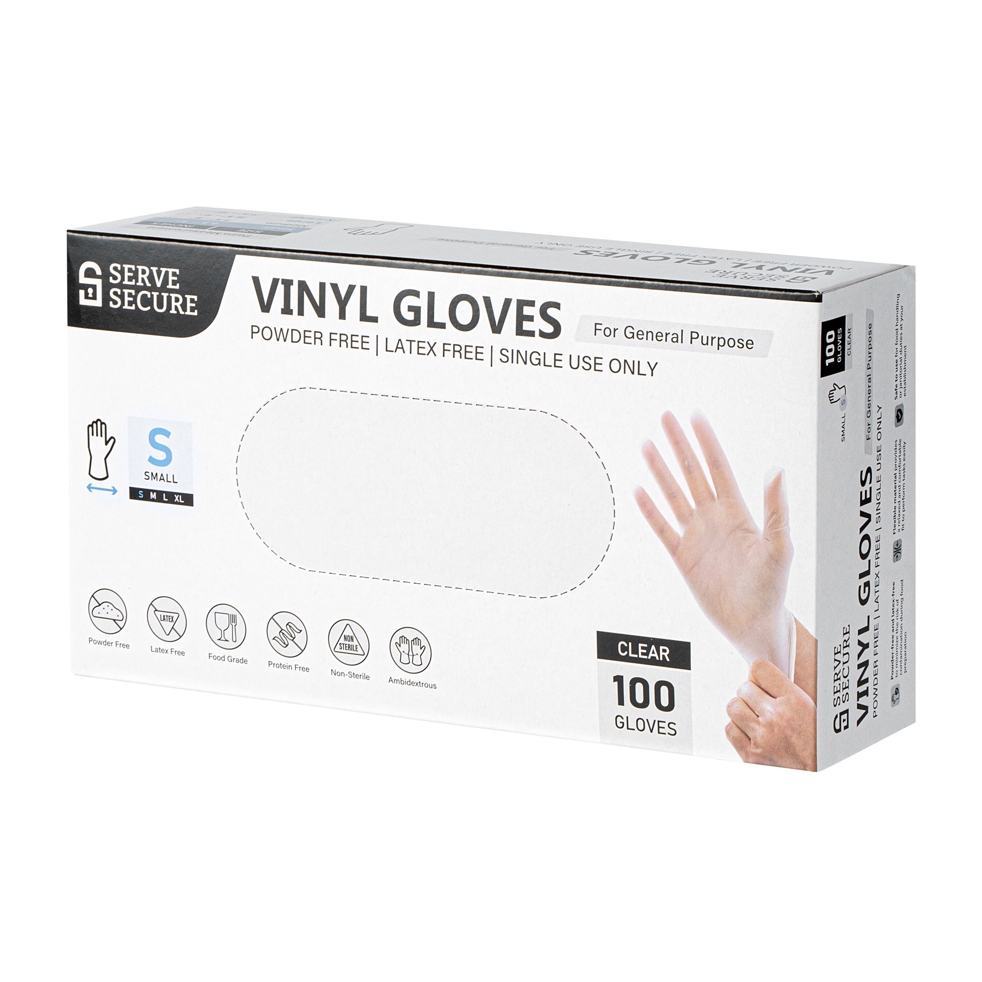 Serve Secure Clear Small Vinyl Gloves - Powder-Free, Latex-Free - 9" x 3 1/4" - 1000 count box