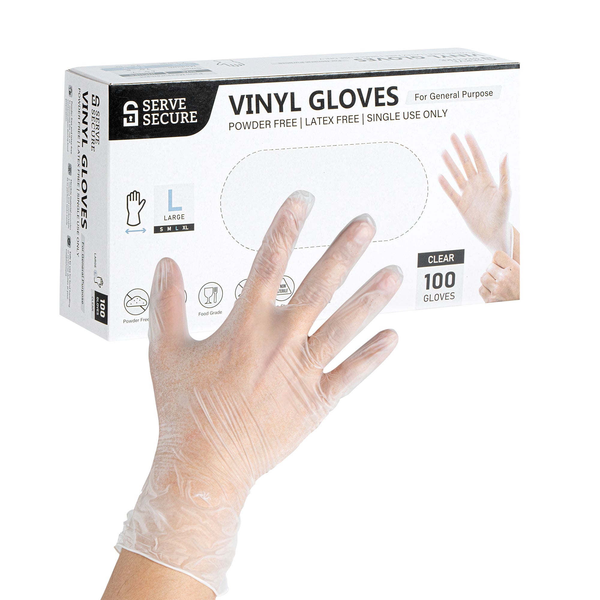 Serve Secure Clear Large Vinyl Gloves - Powder-Free, Latex-Free - 9" x 4 1/4" - 1000 count box