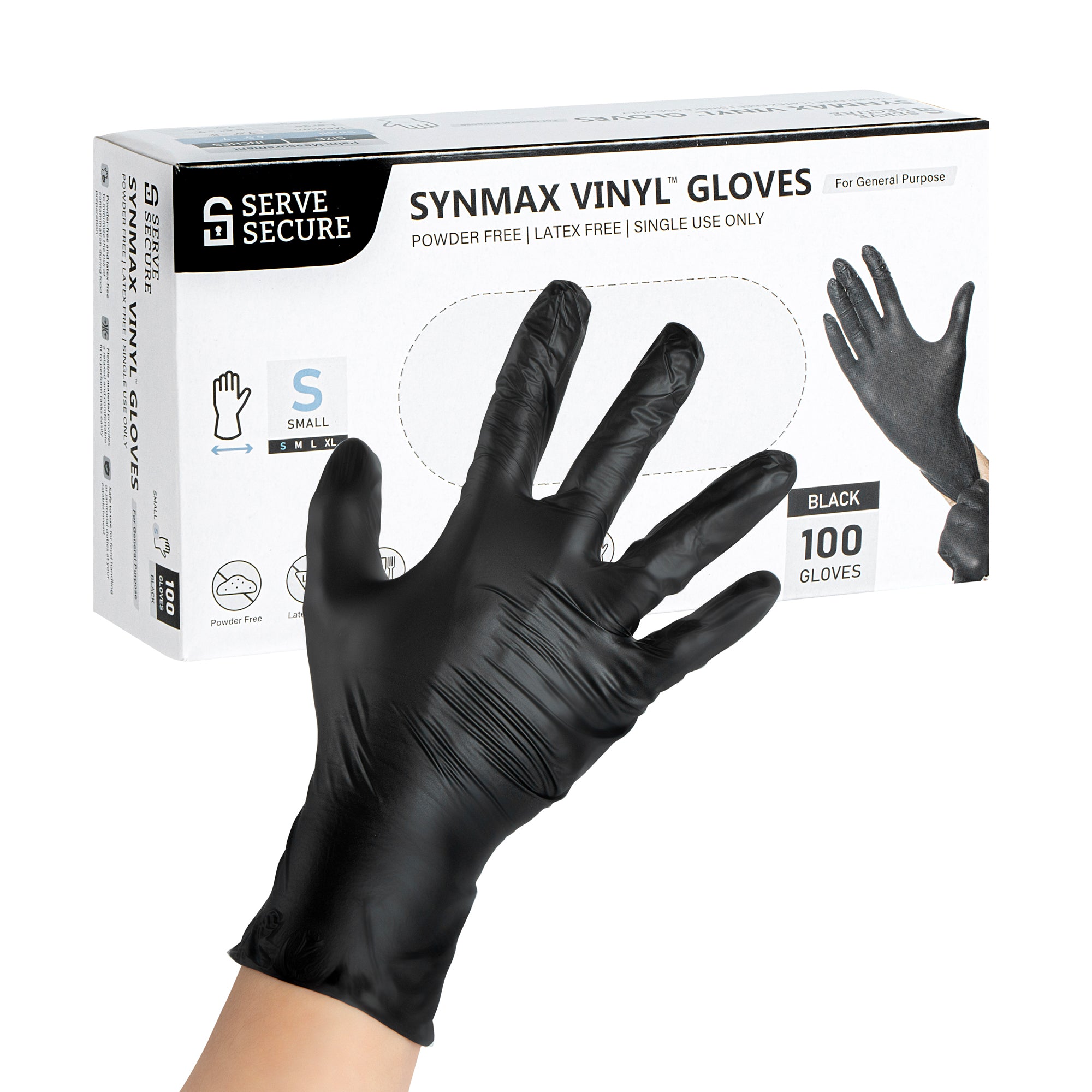 Serve Secure Black Small Synmax Vinyl Gloves - Powder-Free, Latex-Free - 9" x 3 1/4" - 1000 count box