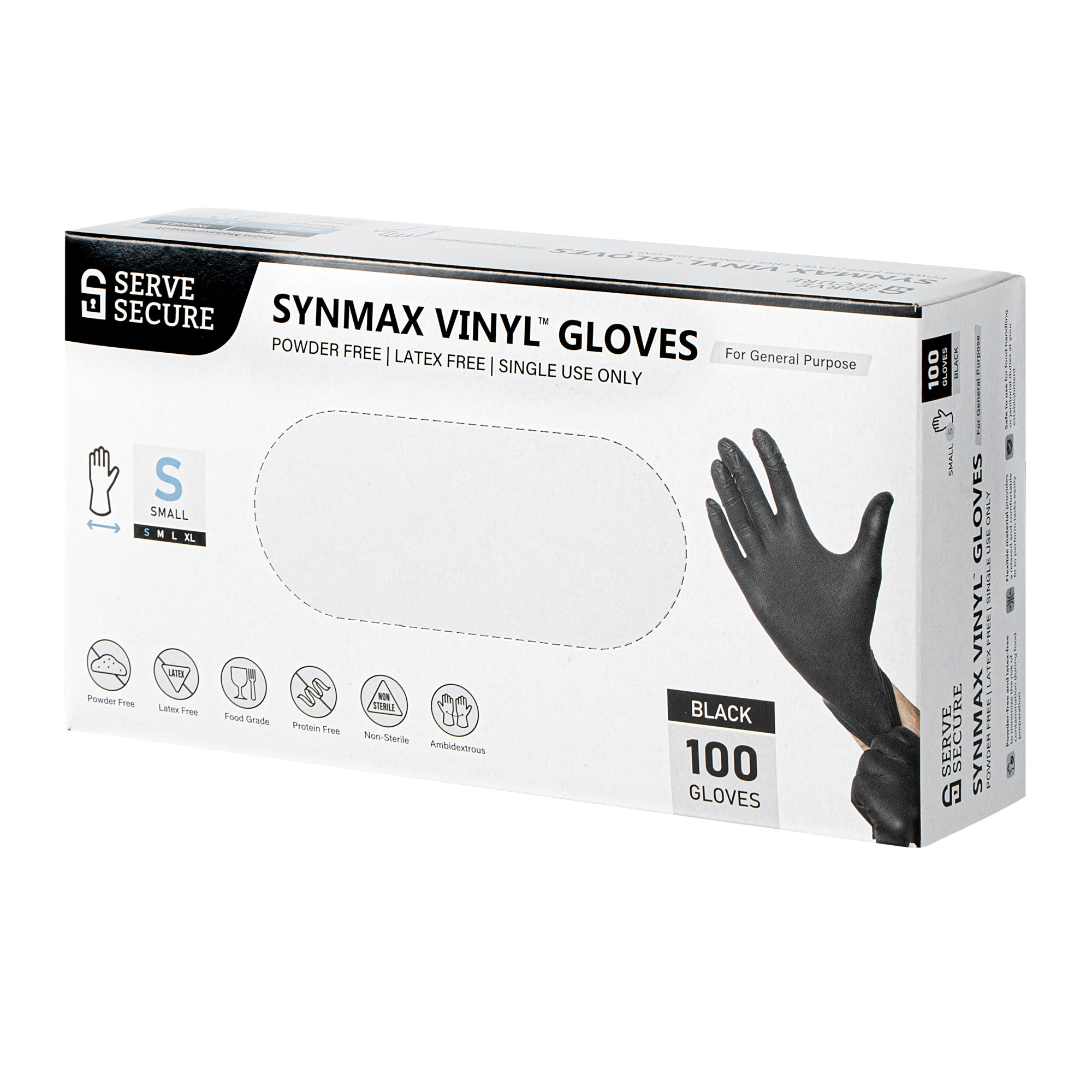 Serve Secure Black Small Synmax Vinyl Gloves - Powder-Free, Latex-Free - 9" x 3 1/4" - 1000 count box