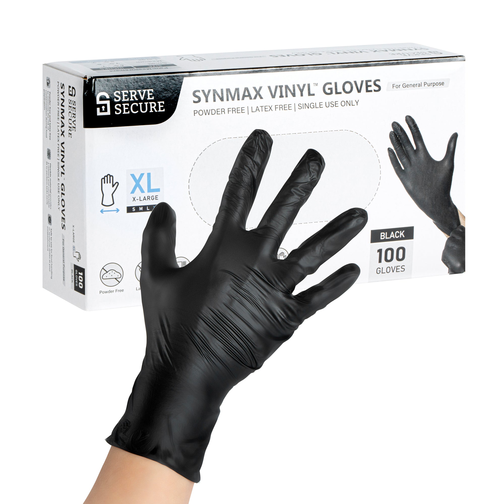 Serve Secure Black Extra Large Synmax Vinyl Gloves - Powder-Free, Latex-Free - 9" x 4 1/2" - 1000 count box