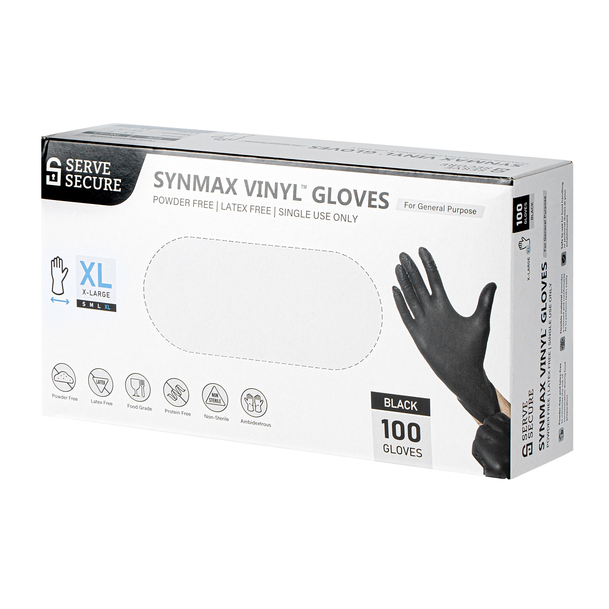 Serve Secure Black Extra Large Synmax Vinyl Gloves - Powder-Free, Latex-Free - 9" x 4 1/2" - 1000 count box