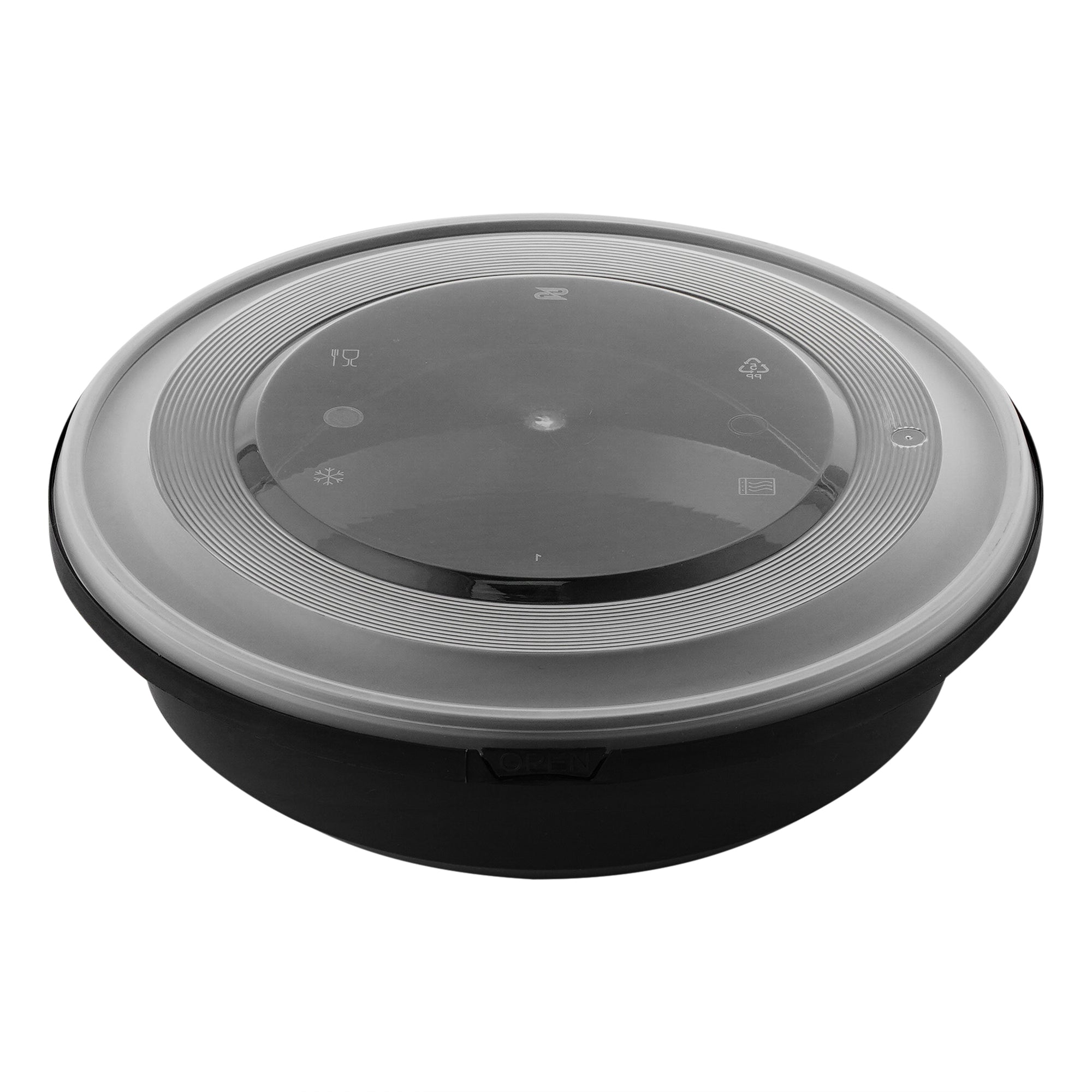 Cater Tek 68 oz Round Black Plastic Catering / Serving Bowl - with Clear Lid, Microwavable - 9 3/4" x 9 3/4" x 3" - 100 count box