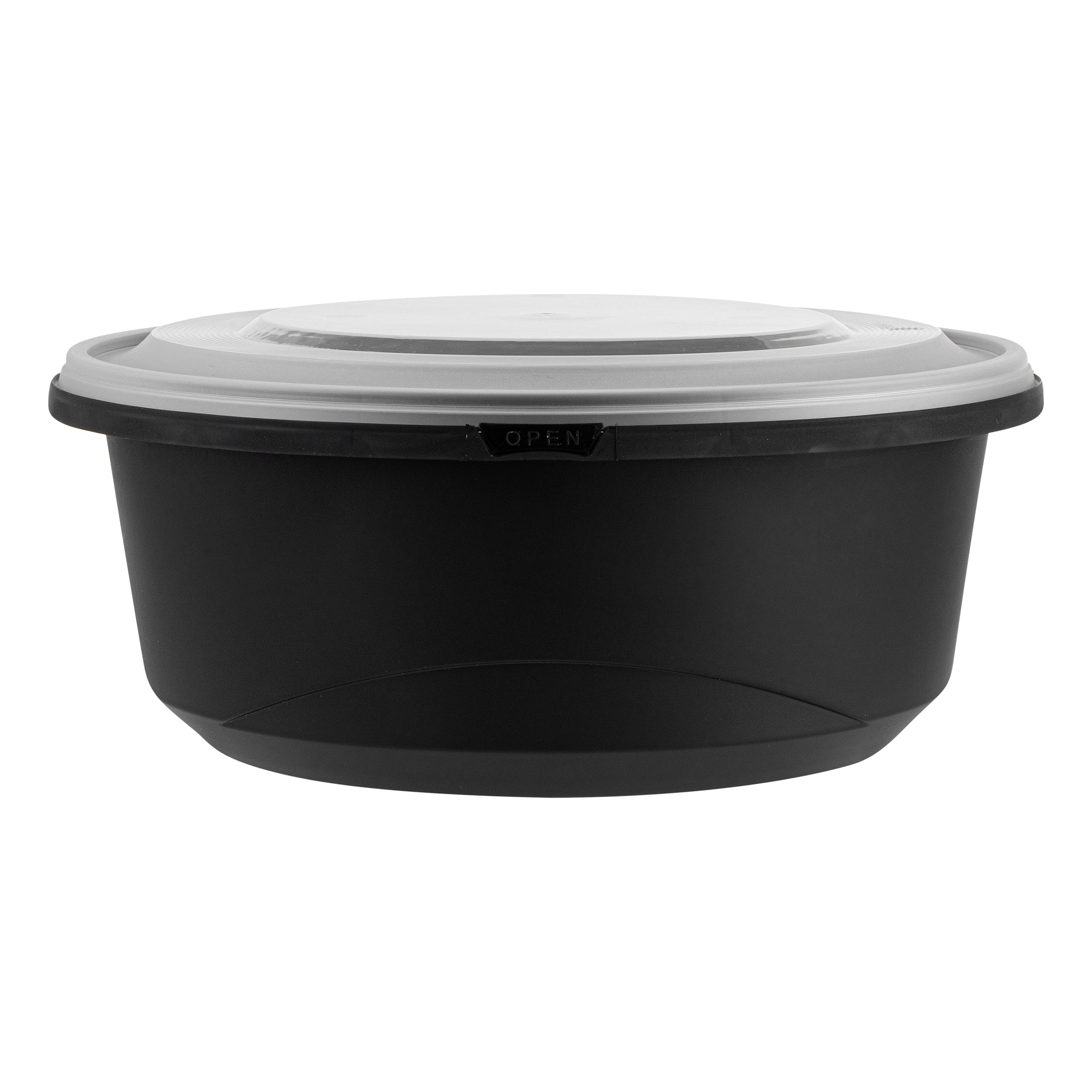 Cater Tek 101 oz Round Black Plastic Catering / Serving Bowl - with Clear Lid, Microwavable - 9 3/4" x 9 3/4" x 4" - 100 count box