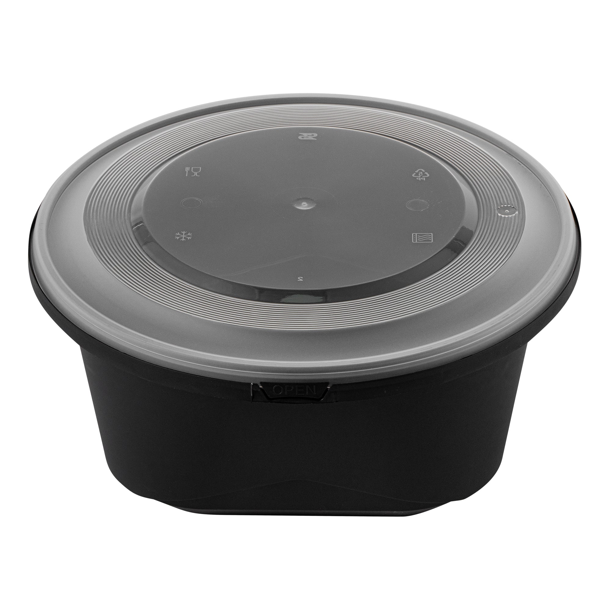 Cater Tek 118 oz Round Black Plastic Catering / Serving Bowl - with Clear Lid, Microwavable - 9 3/4" x 9 3/4" x 4 3/4" - 100 count box