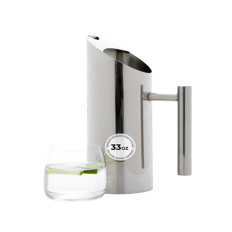 Met Lux 33 oz Round Polished Stainless Steel Water Pitcher - 3 1/2" x 3 1/2" x 9" - 1 count box