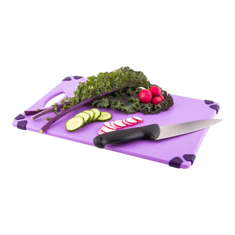 Sure Grip Purple Plastic Cutting Board - Allergen Safe, Non-Slip, Measurement Markers, Carrying Handle - 12" x 18" - 1 count box