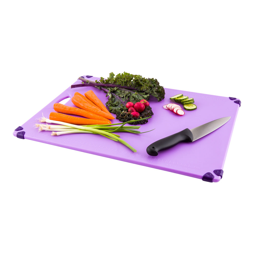 Sure Grip Purple Plastic Cutting Board - Allergen Safe, Non-Slip, Measurement Markers, Carrying Handle - 18" x 24" - 1 count box