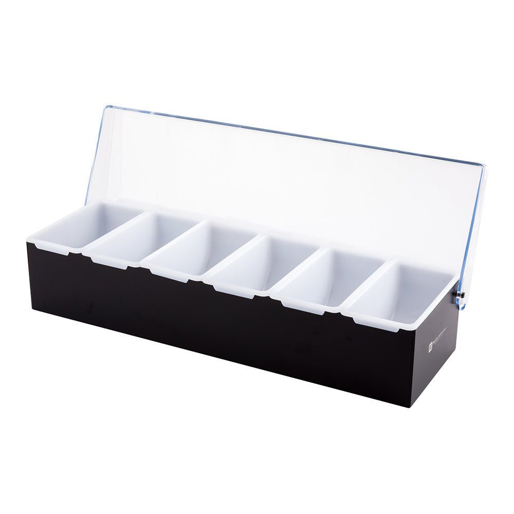 Bar Lux Black Stainless Steel Condiment Caddy - 6 Plastic Inserts - 18" x 5 3/4" x 4" - 1 count box