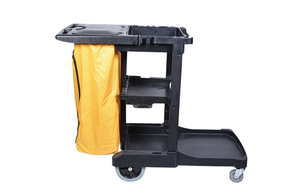 RW Clean Black Plastic Heavy-Duty Janitor Cart - 3 Shelves, 20 gal Nylon Bag, Hinged Lid - 44 1/4" x 20" x 37 3/4" - 1 count box