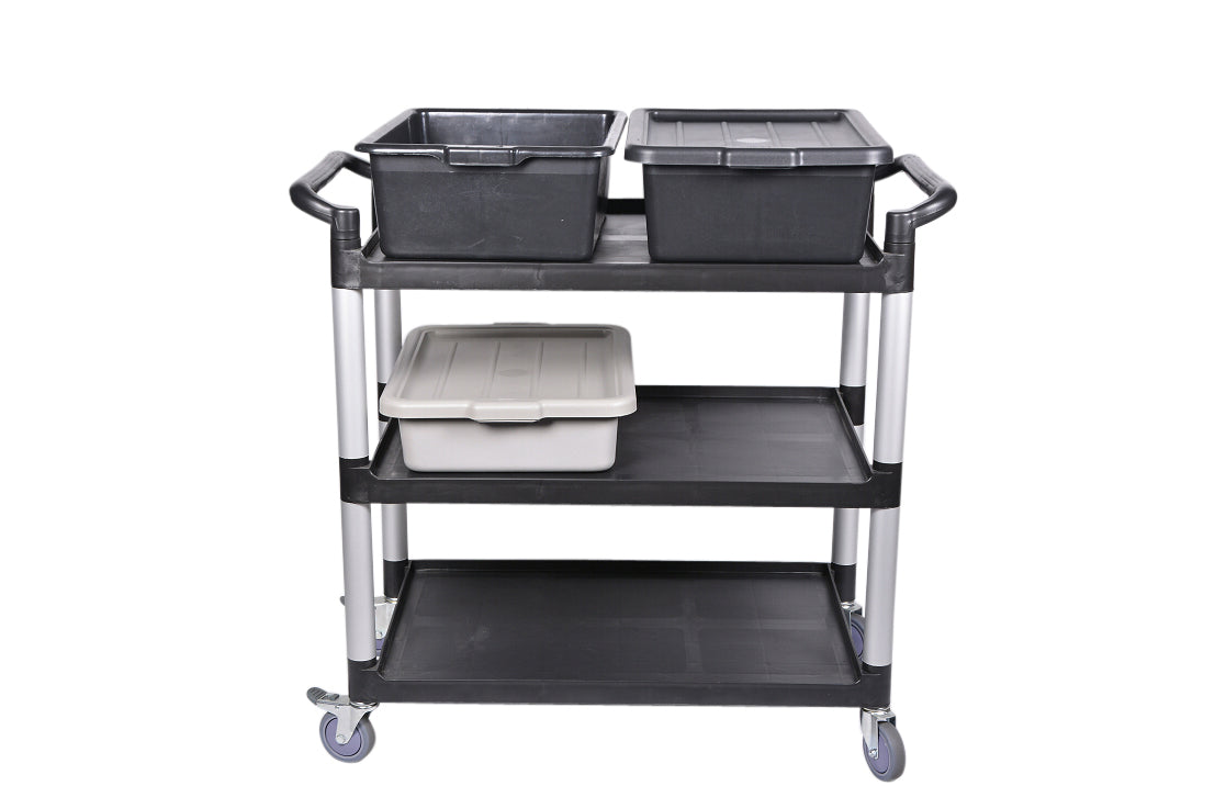 RW Clean Black Plastic Large Heavy-Duty Rolling Utility Cart - 3 Shelves - 40 1/4" x 19 3/4" x 37 3/4" - 1 count box