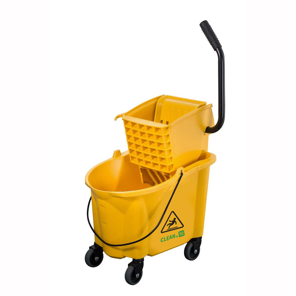 RW Clean 38 qt Yellow Plastic Mop Bucket - with Side Press Wringer - 22 1/2" x 16 1/4" x 36 1/2" - 1 count box