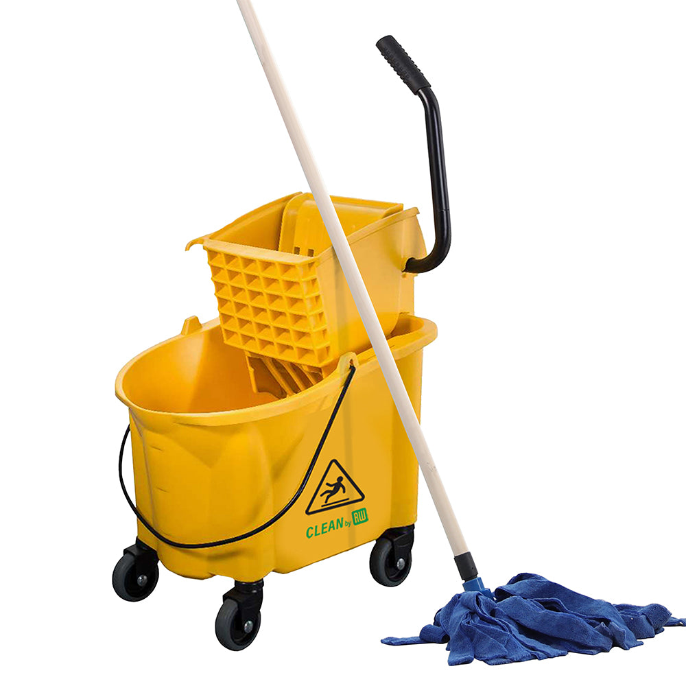 RW Clean 38 qt Yellow Plastic Mop Bucket - with Side Press Wringer - 22 1/2" x 16 1/4" x 36 1/2" - 1 count box