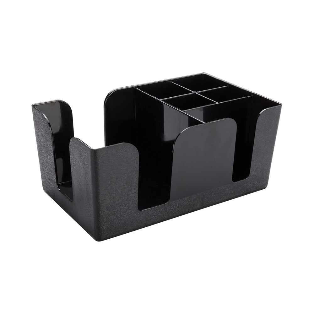 Bar Lux Black Plastic Condiment Caddy Napkin Holder - 6 Compartments, Pebbled - 9 1/2" x 5 3/4" x 4 1/4" - 1 count box