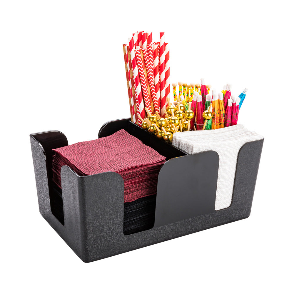 Bar Lux Black Plastic Condiment Caddy Napkin Holder - 6 Compartments, Pebbled - 9 1/2" x 5 3/4" x 4 1/4" - 1 count box