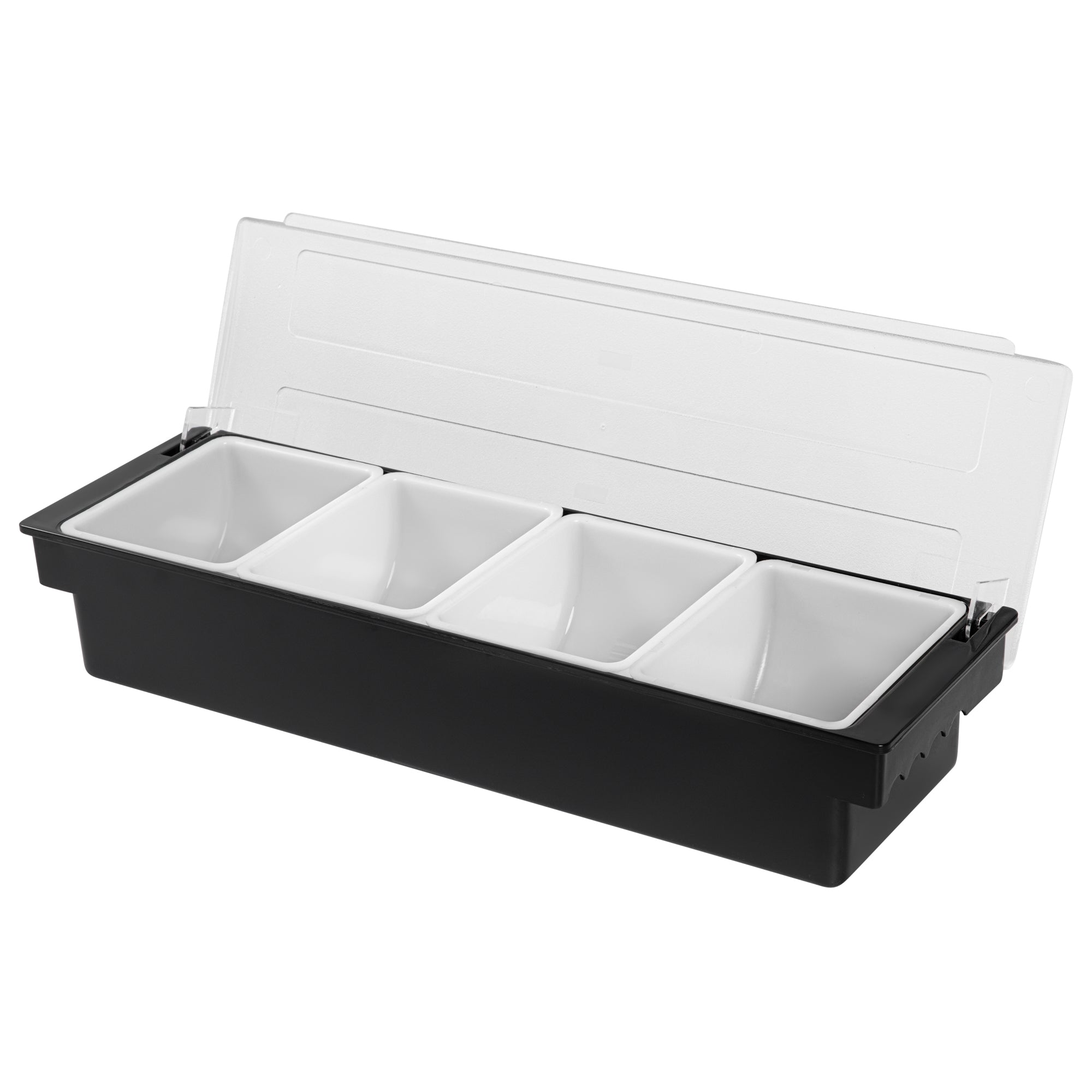 Bar Lux Black Plastic Condiment Caddy - 4 Compartments - 19 1/2" x 6 1/4" x 3 3/4" - 1 count box