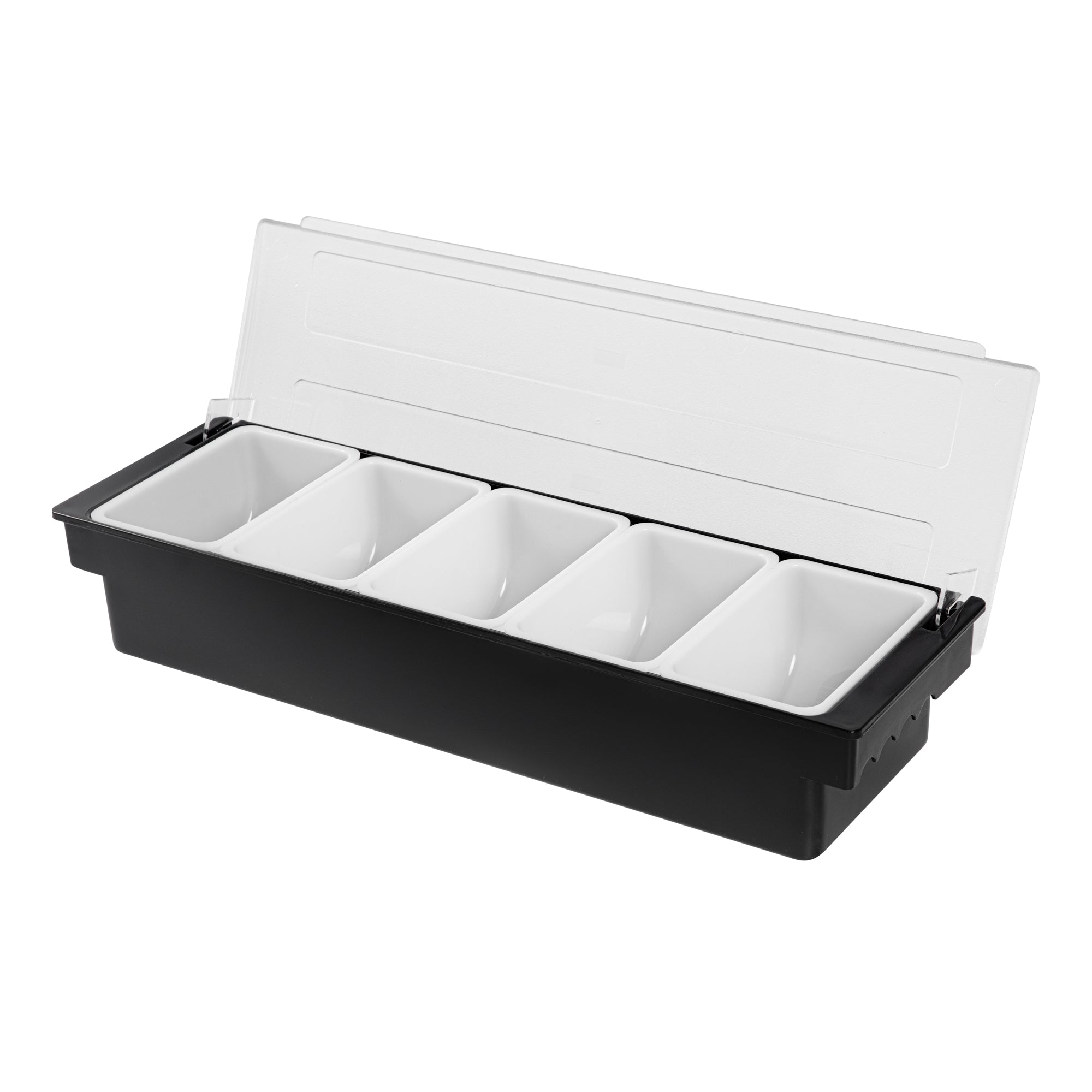 Bar Lux Black Plastic Condiment Caddy - 5 Compartments - 19 1/2" x 6 1/4" x 3 3/4" - 1 count box