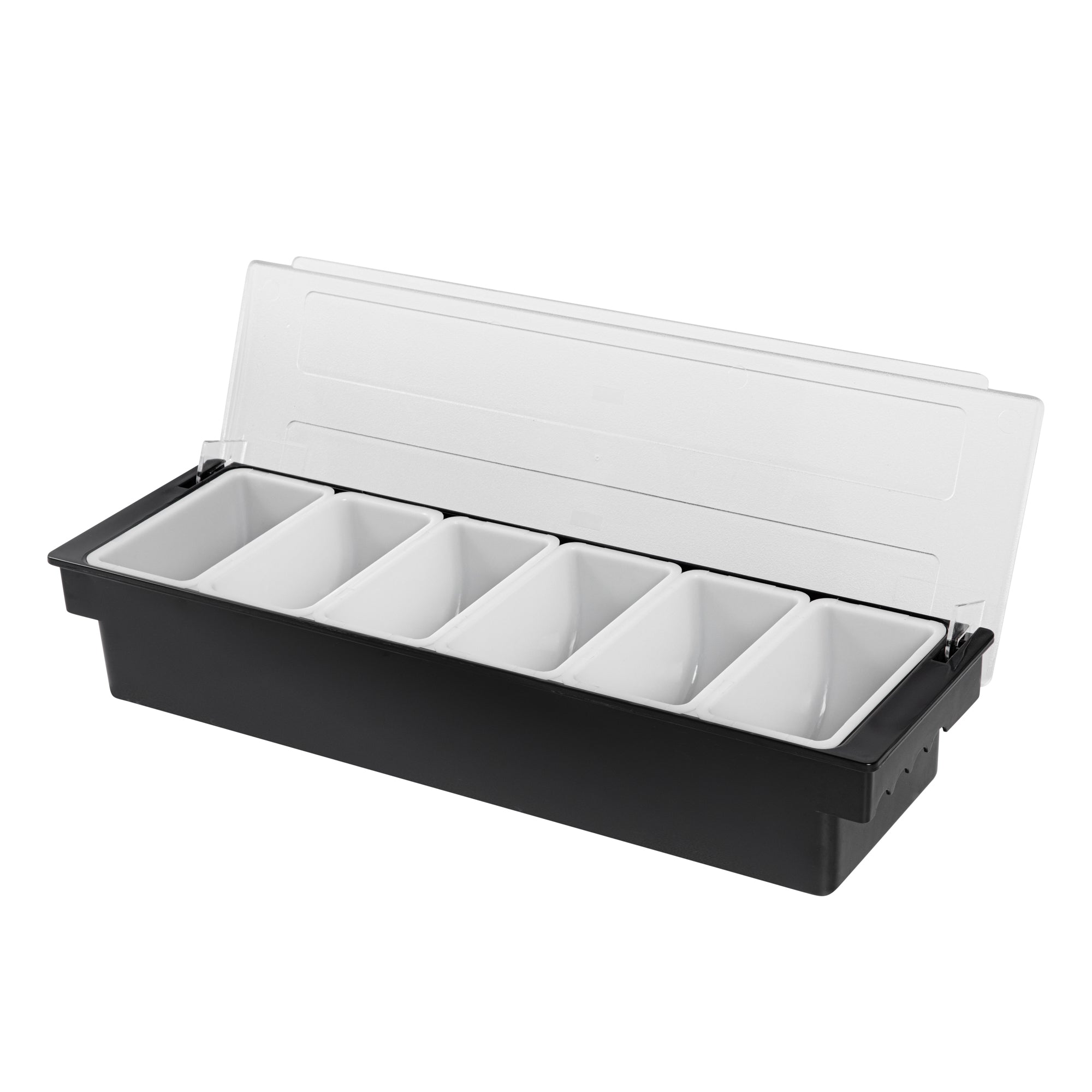 Bar Lux Black Plastic Condiment Caddy - 6 Compartments - 19 1/2" x 6 1/4" x 3 3/4" - 1 count box