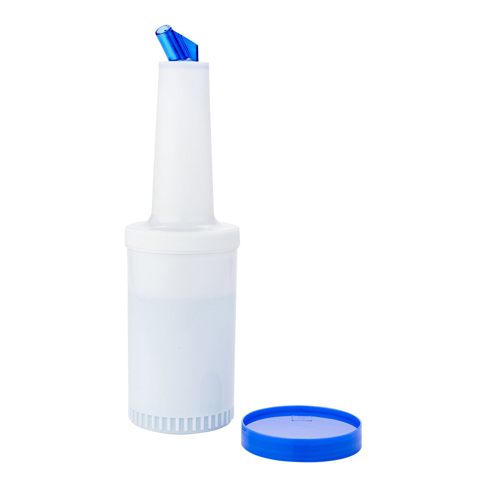 Bar Lux 1 qt Plastic Quick Pour Storage Container Bottle - with Blue Spout and Lid - 3 1/2" x 3 1/2" x 13" - 1 count box