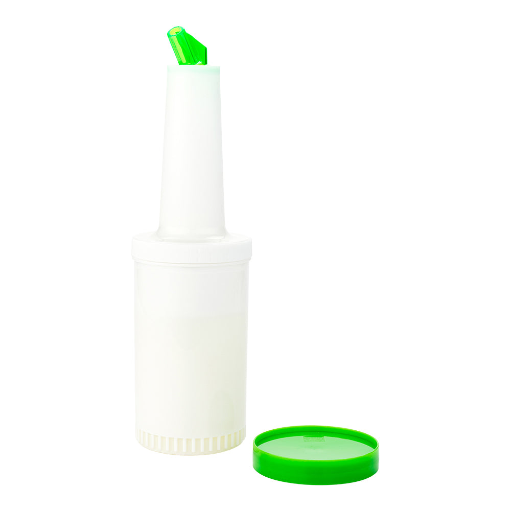 Bar Lux 1 qt Plastic Quick Pour Storage Container Bottle - with Green Spout and Lid - 3 1/2" x 3 1/2" x 13" - 1 count box