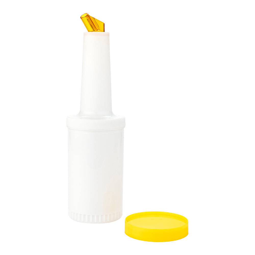 Bar Lux 1 qt Plastic Quick Pour Storage Container Bottle - with Yellow Spout and Lid - 3 1/2" x 3 1/2" x 13" - 1 count box