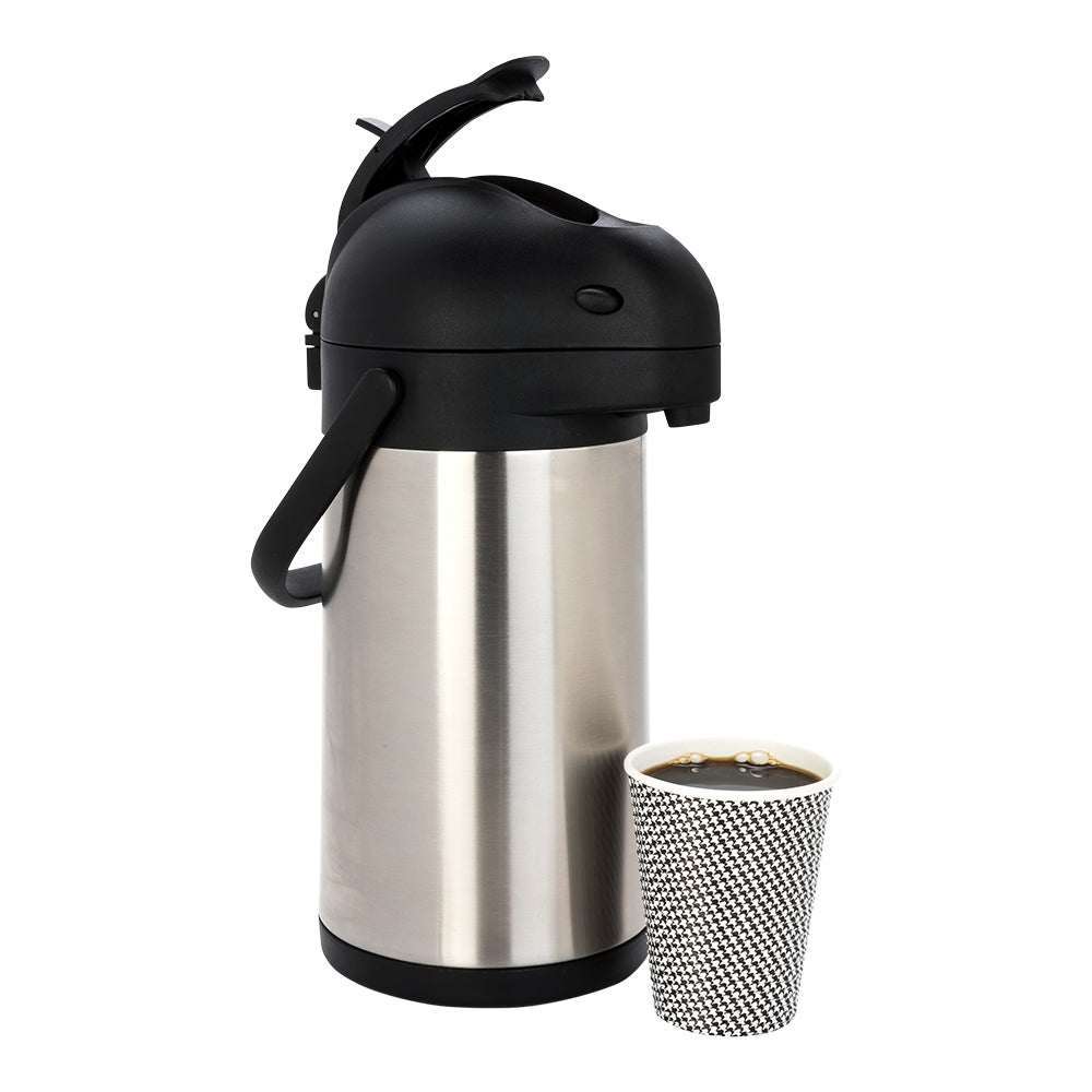 Met Lux 2.2L Silver Stainless Steel Airpot Coffee Dispenser - Pump Lever, 24 hr Heat Retention - 6" x 6" x 14" - 1 count box