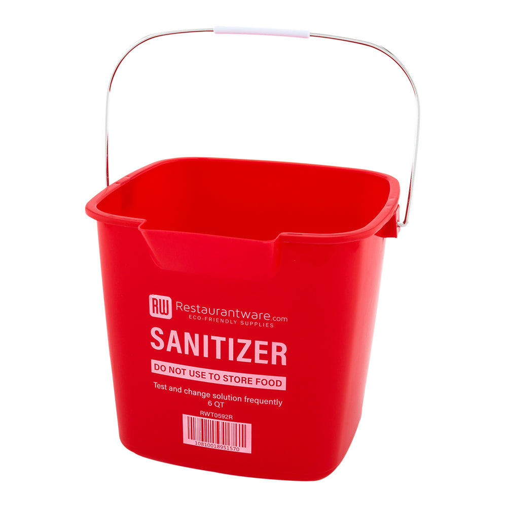 RW Clean 6 Qt Square Red Plastic Sanitizing Bucket - with Stainless Steel Handle - 8 1/2" x 8 1/2" x 7 1/4" - 10 count box