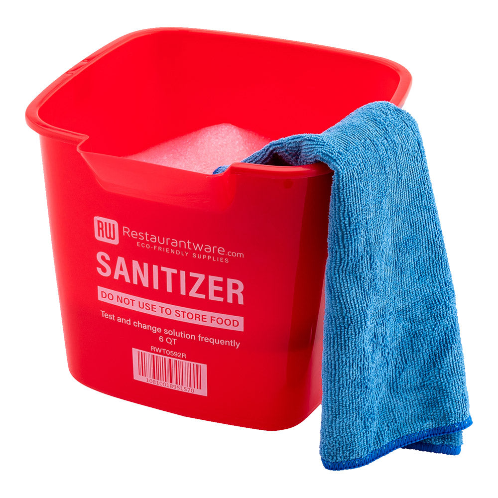 RW Clean 6 Qt Square Red Plastic Sanitizing Bucket - with Stainless Steel Handle - 8 1/2" x 8 1/2" x 7 1/4" - 10 count box