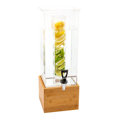 Bev Tek 2 gal Square Clear Acrylic Beverage Dispenser - Infusion Core, Bamboo Base - 8 1/4