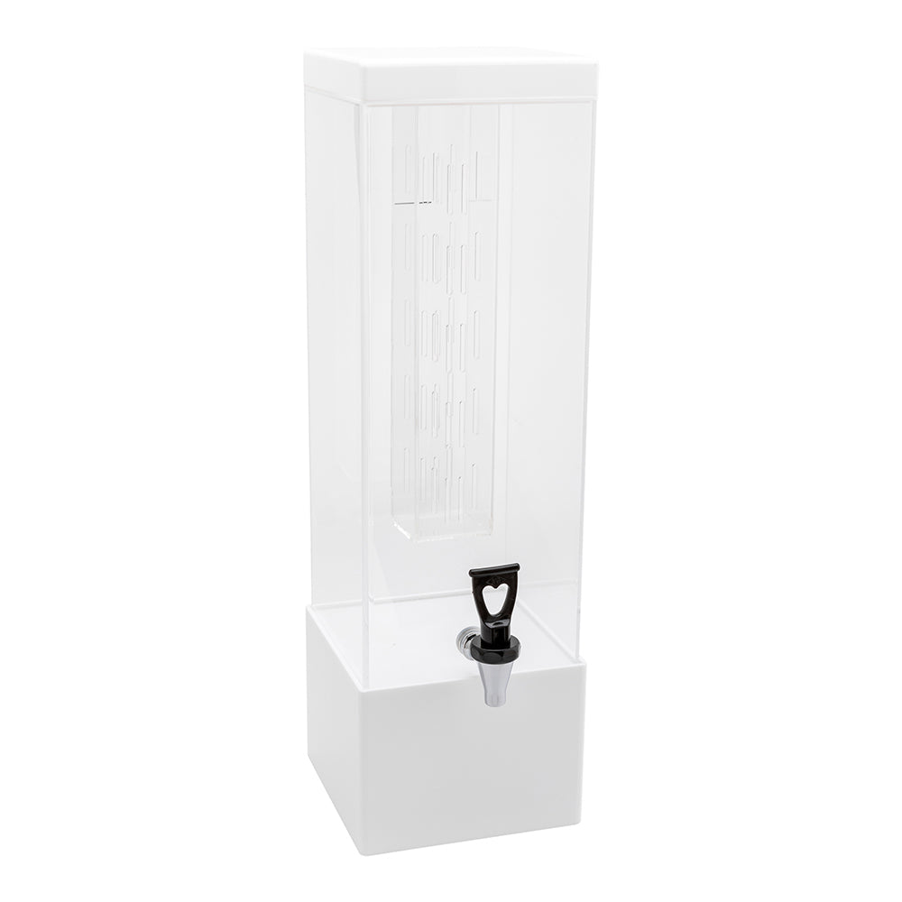 Bev Tek 3 gal Square Clear Acrylic Beverage Dispenser - Infusion Core, White Base - 7 3/4" x 7 3/4" x 25 3/4" - 1 count box