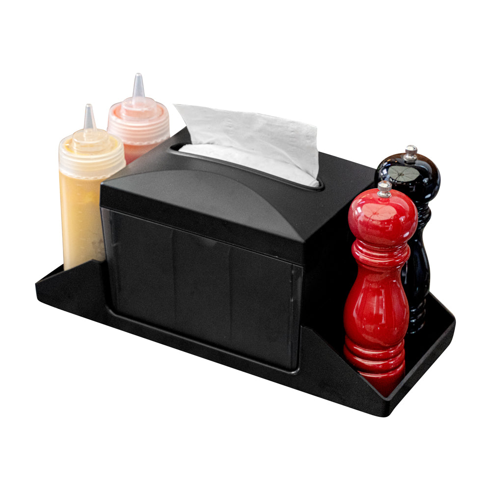 Rectangle Black Plastic Tabletop Condiment Caddy / Interfold Napkin Dispenser - 7" x 6 1/2" x 6 1/2" - 10 count box