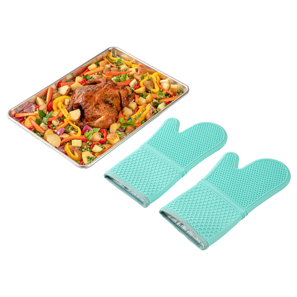 Comfy Grip Turquoise Silicone 2-Piece Oven Mitt Set - Heat-Resistant - 14" x 7 1/4" x 1 1/2" - 1 count box