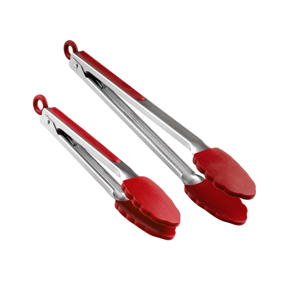 Met Lux Red Stainless Steel 2-Piece Kitchen Tong Set - Scalloped - 12" x 1 3/4" x 2" - 1 count box