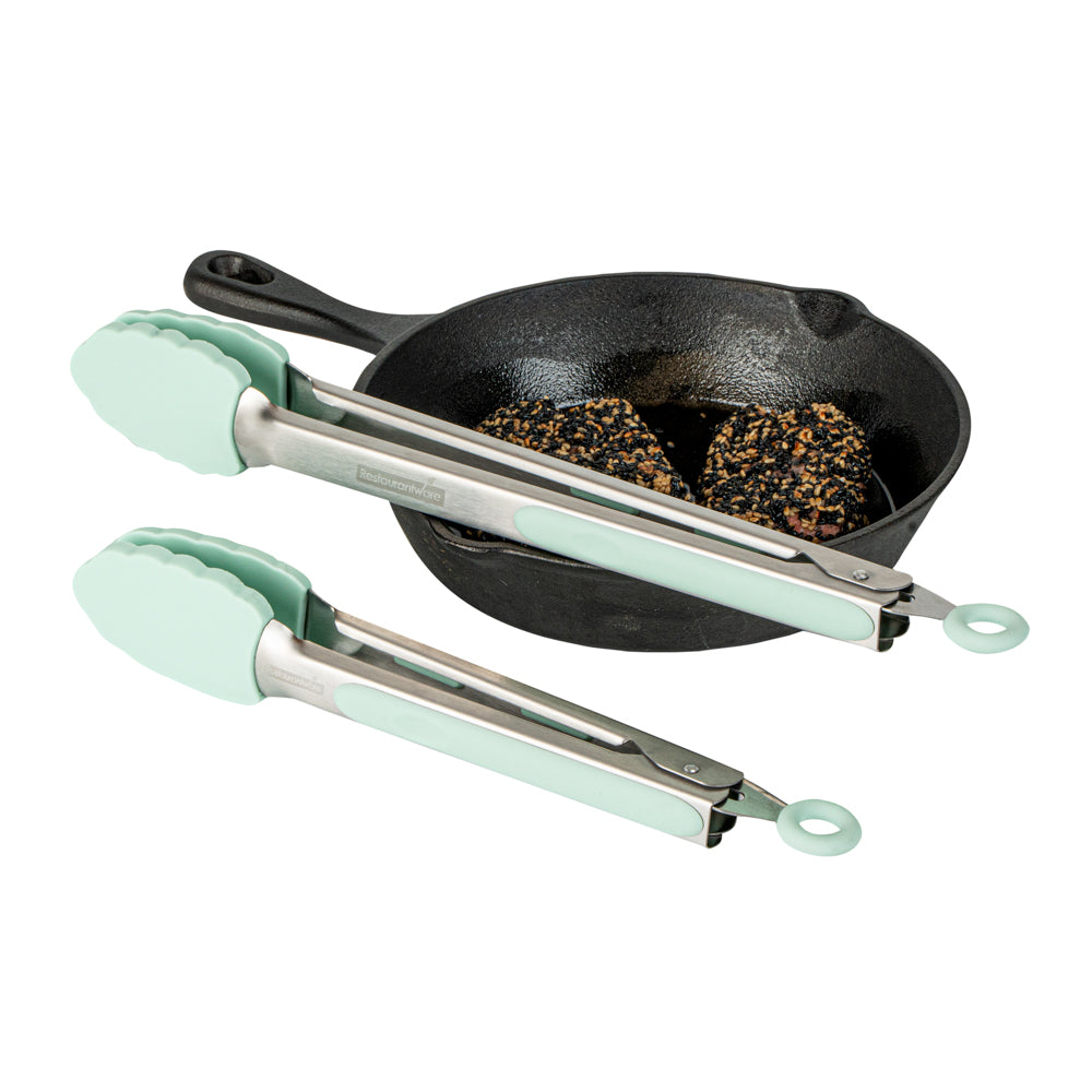 Met Lux Teal Stainless Steel 2-Piece Kitchen Tong Set - Scalloped - 12" x 1 3/4" x 2" - 1 count box