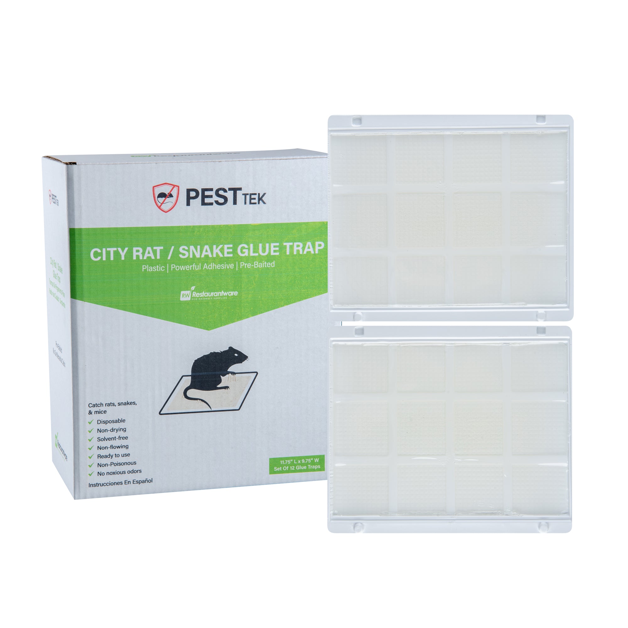 Pest Tek Plastic City Rat / Snake Glue Trap - Set of 12 - 11 3/4" x 9 3/4" x 1/2" - 10 count box