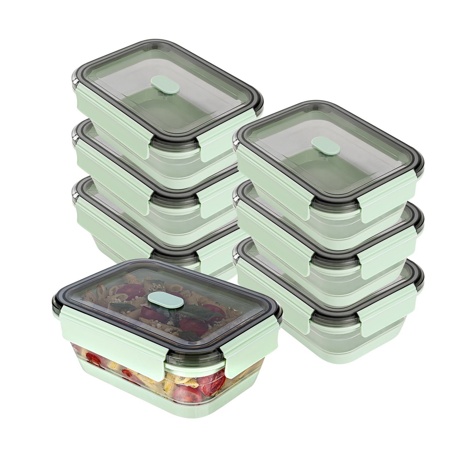 Fresh Hero 40 oz Green Plastic Airtight Food Storage Container - with Vented Lid, Collapsible - 8 1/4" x 6" x 3" - 20 count box