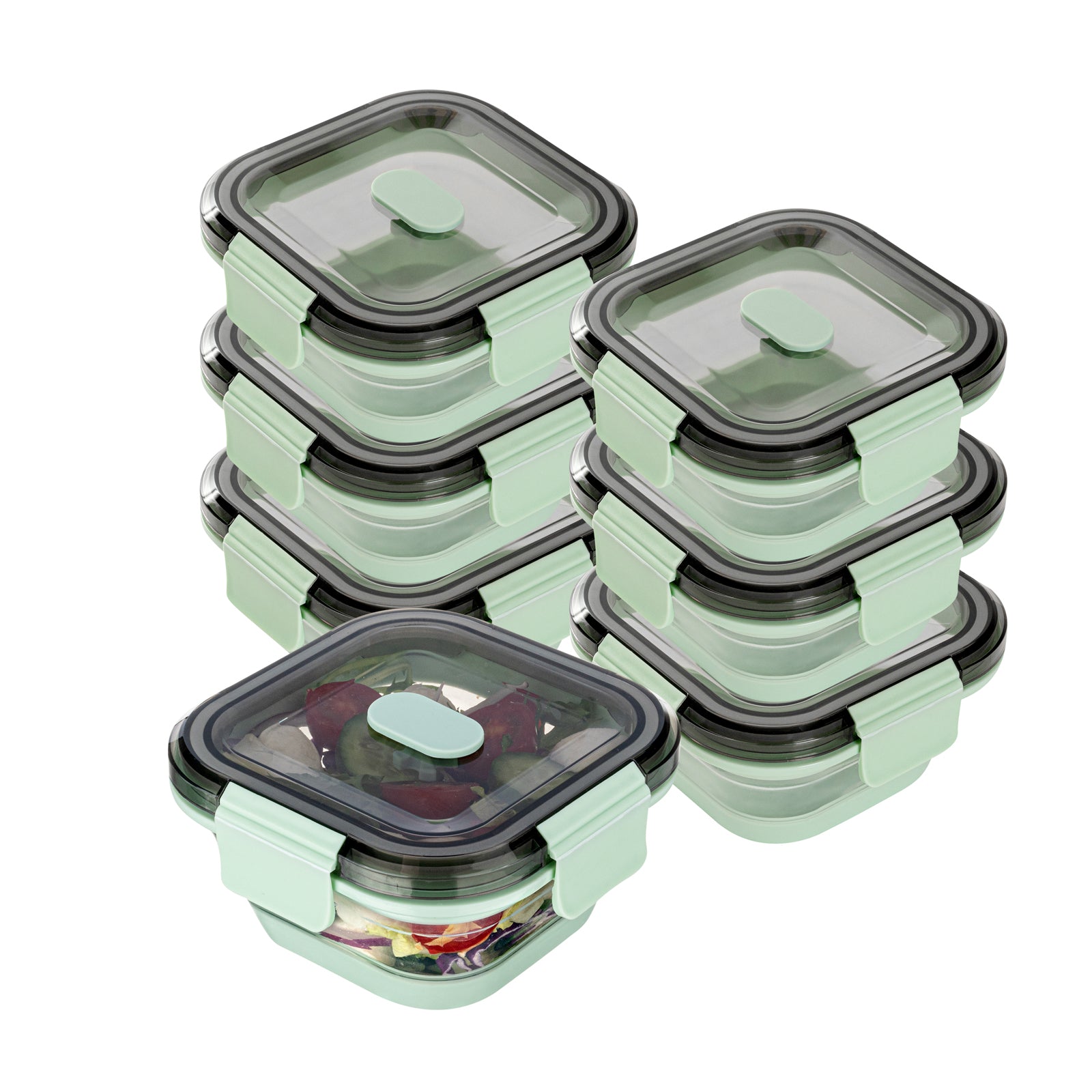 Fresh Hero 17 oz Green Plastic Airtight Food Storage Container - with Vented Lid, Collapsible - 5 1/2" x 5 1/2" x 2 3/4" - 20 count box