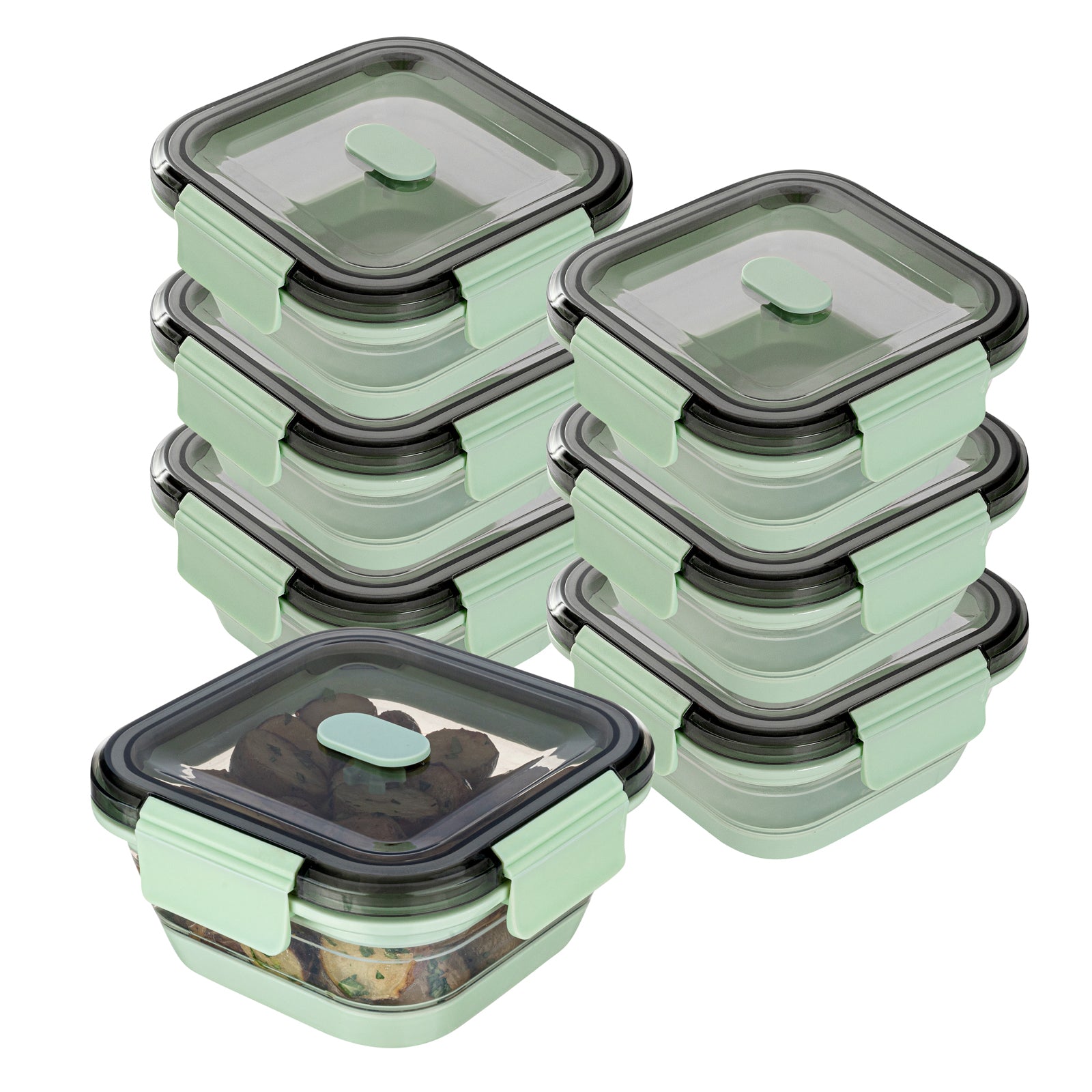 Fresh Hero 24 oz Green Plastic Airtight Food Storage Container - with Vented Lid, Collapsible - 6" x 6" x 2 3/4" - 20 count box