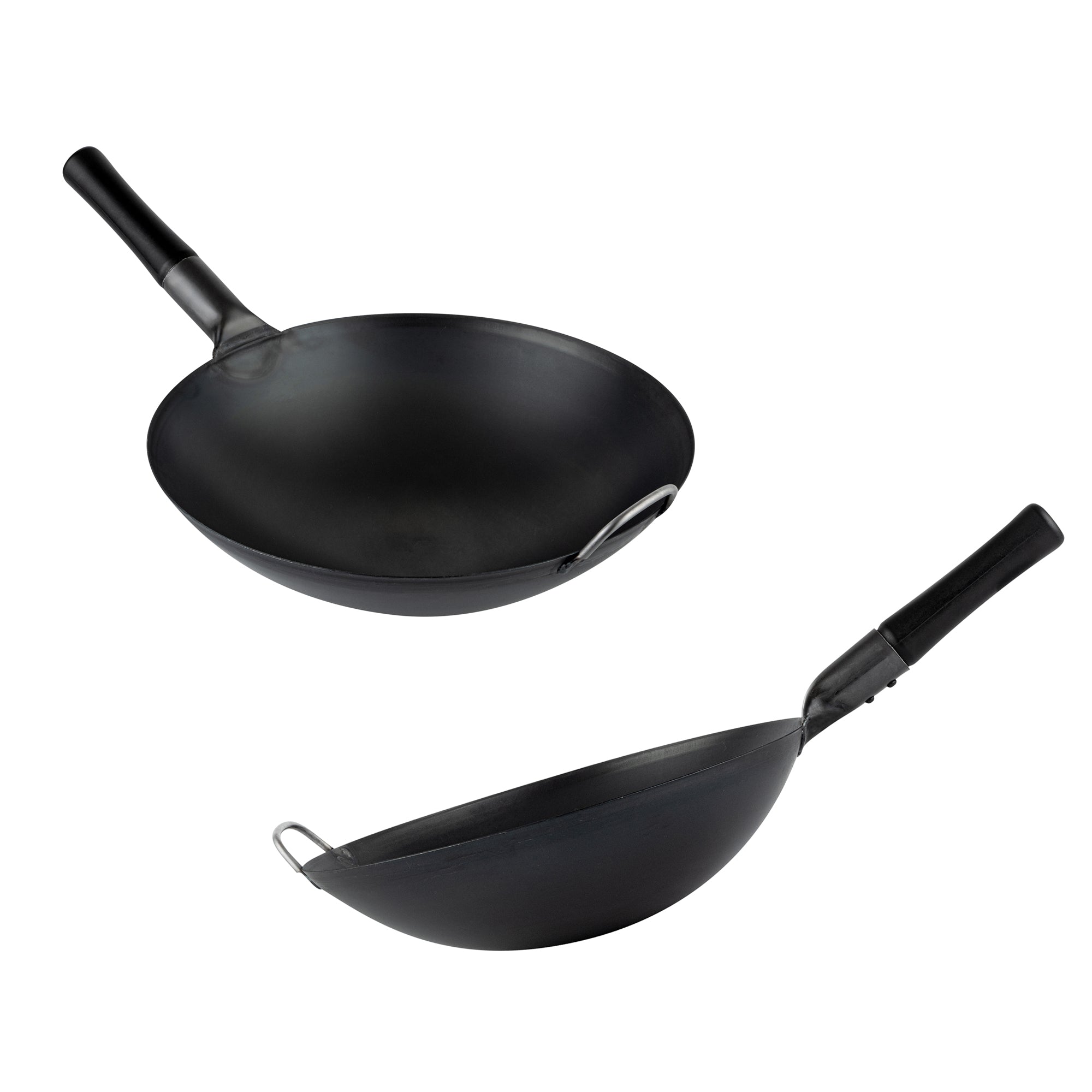 Motomori 14" Black Carbon Steel Round Bottom Wok / Stir Fry Pan - Pre-seasoned, with Wooden Handle - 10 count box